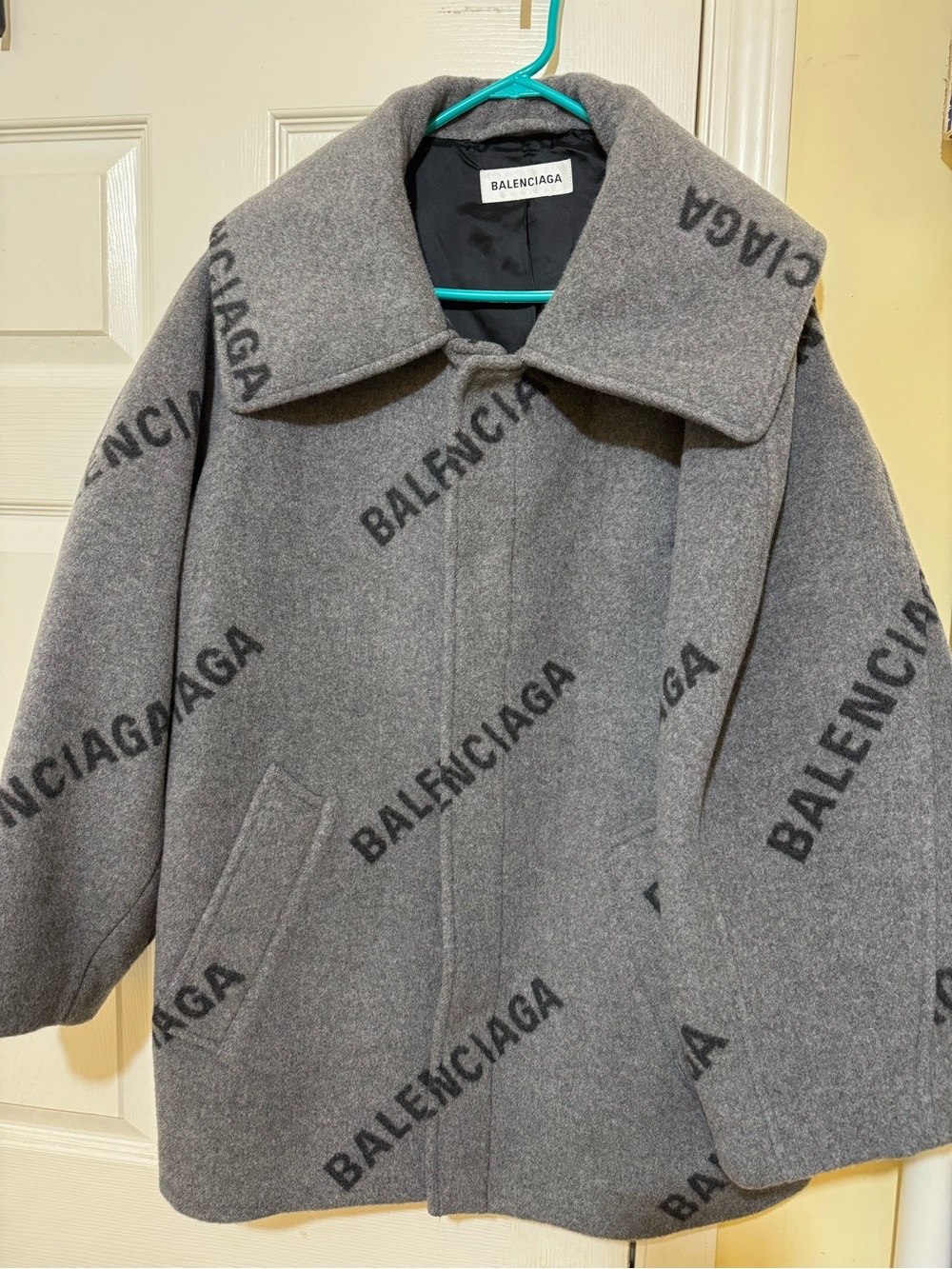 Balenciaga Gray Logo Wool Pea Coat